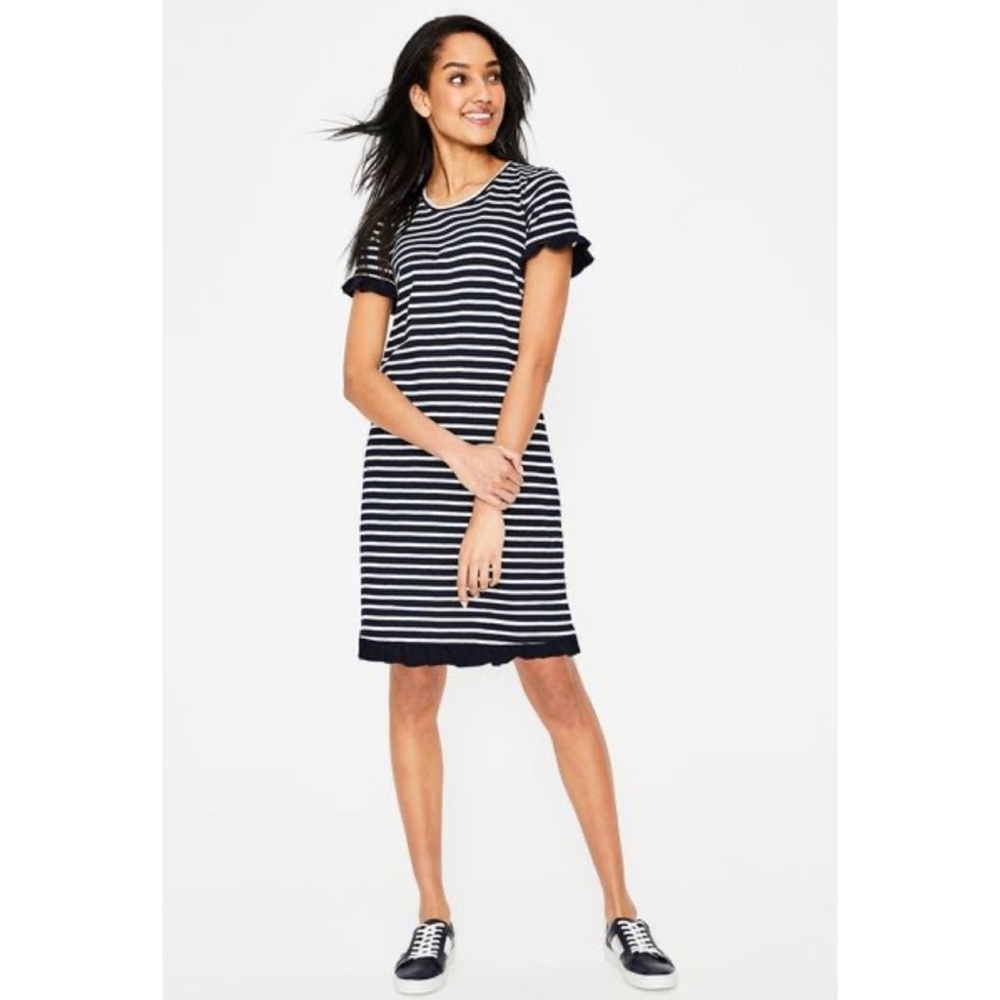 BODEN • Navy + White Ruffle Emily Striped Jersey T-Shirt Midi Dress